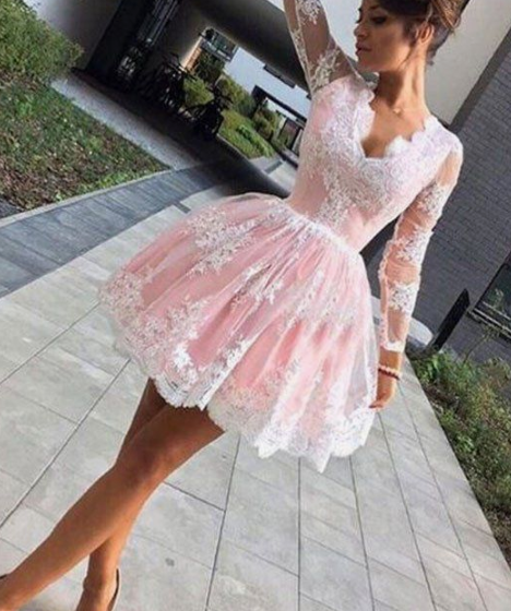 Long Sleeves Nathalie Homecoming Dresses V-Neck Short CD3677