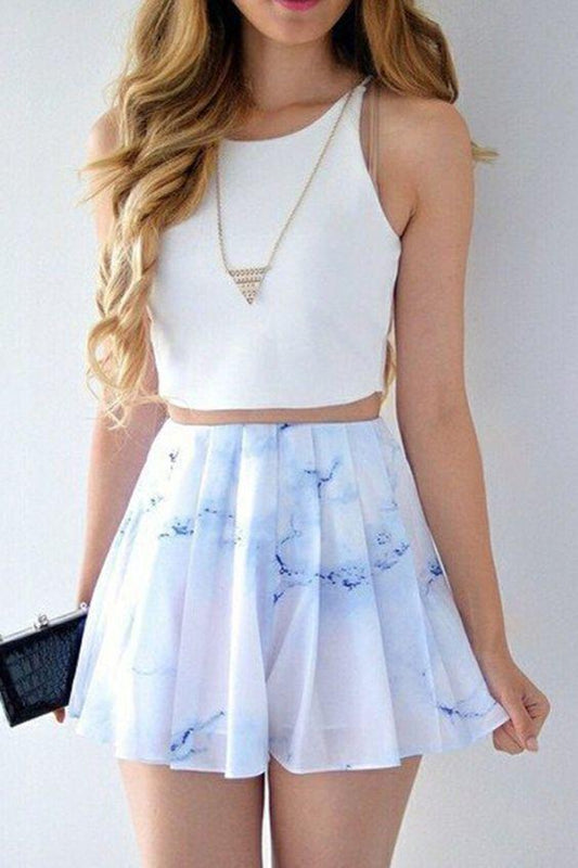 Two Piece Bateau Short Homecoming Dresses Millie Chiffon Printed White CD368