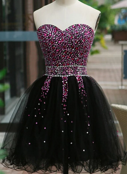 Lovely Beaded Black Lace Homecoming Dresses Jazmin Tulle Short -Up Black Formal Dress CD3716