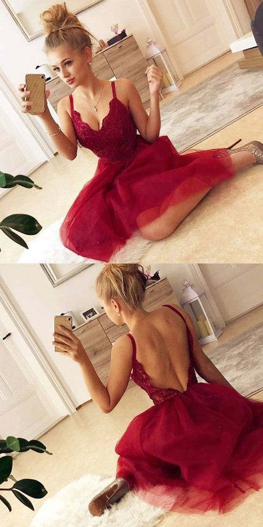 Sexy Lace Homecoming Dresses Anaya Backless Red Sleeveless Tulle Short Party Dress With CD377