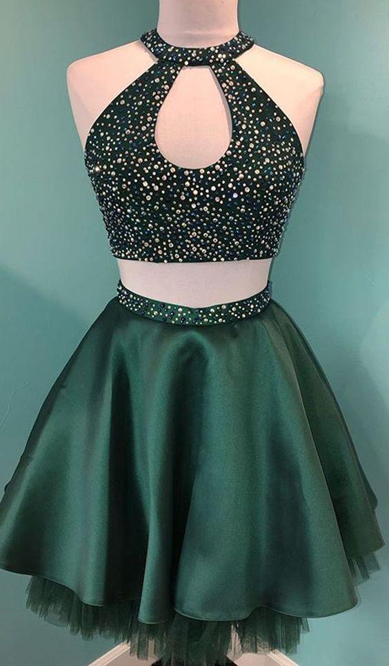 Unique Halter Harley Homecoming Dresses Satin Beaded Green Cute Two Piece CD3805