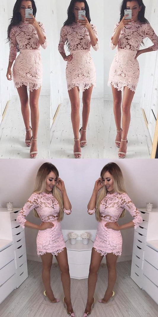 Sexy Pink Homecoming Dresses Lace Caroline Long Sleeves Short Bodycon Dress Cheap CD385