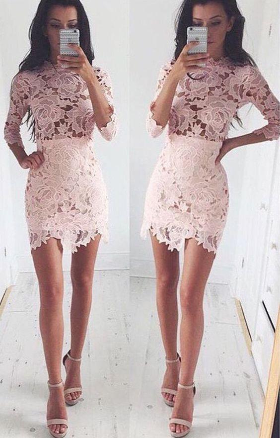 Sexy Pink Homecoming Dresses Lace Caroline Long Sleeves Short Bodycon Dress Cheap CD385