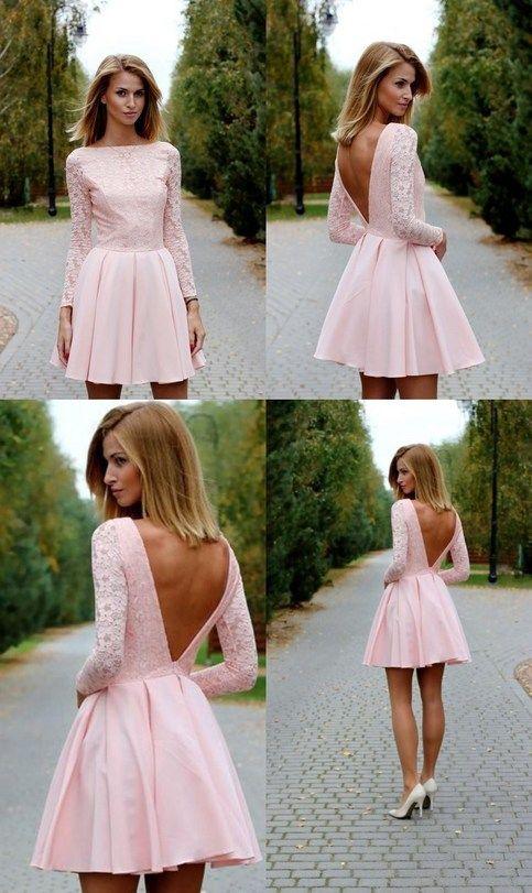 Sexy Mini Long Sleeves Lace Reagan Pink Homecoming Dresses Party Dress Deep V Back Backless Club Dresses DH386