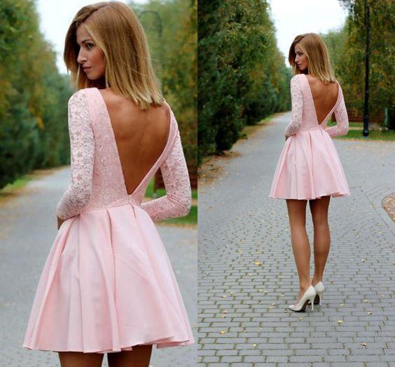 Sexy Mini Long Sleeves Lace Reagan Pink Homecoming Dresses Party Dress Deep V Back Backless Club Dresses DH386