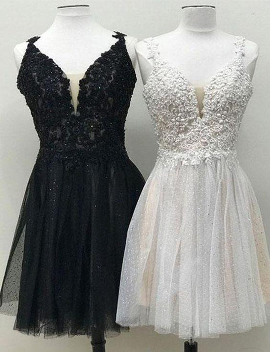 V Neck Black Mini Rebekah Cocktail Homecoming Dresses White Dress With Appliques CD3898