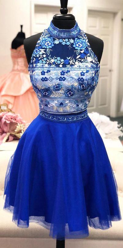 Two Piece With Homecoming Dresses Lillian Royal Blue High Neck And Floral Top CD3900