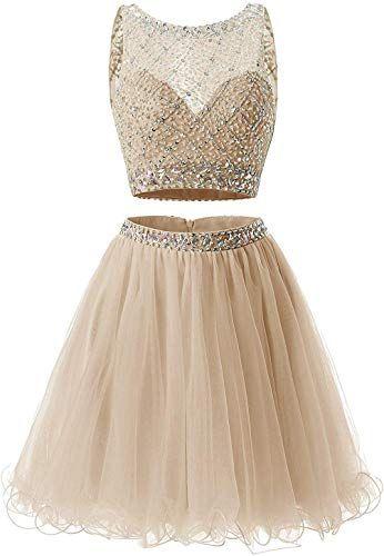 Short Juniors Two Piece Dress Short Tulle Homecoming Dresses A Line Ursula Beaded Sequins Party Dresses DH3927