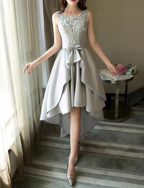 Grey And High Satin Homecoming Dresses Lace Stacy Low Party Dress Round Neckline Charming DH3965