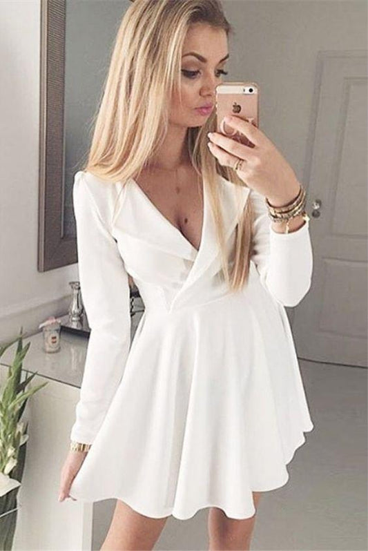 A-Line V-Neck Homecoming Dresses Abagail Long Sleeves White CD3982