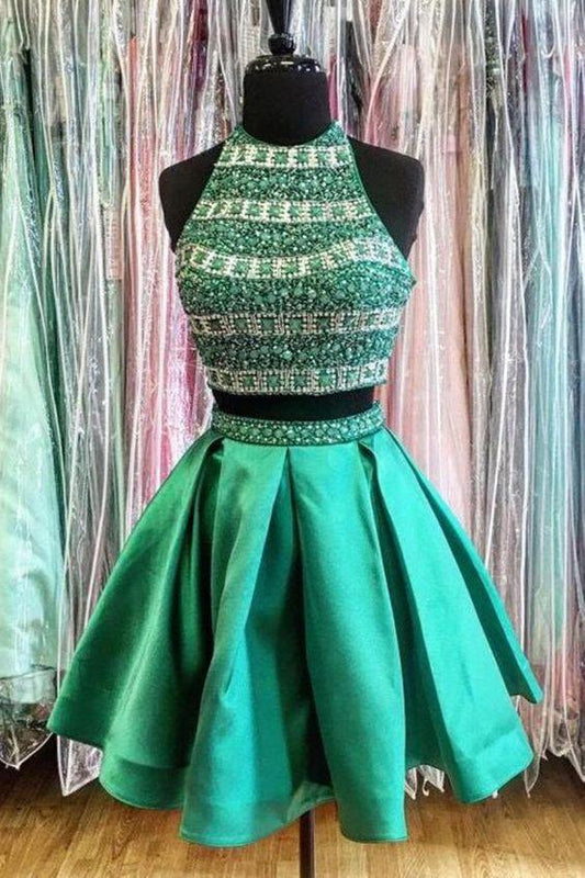 Satin Shania Two Pieces Homecoming Dresses Morden Green s Beading Round Neck Short DH4003