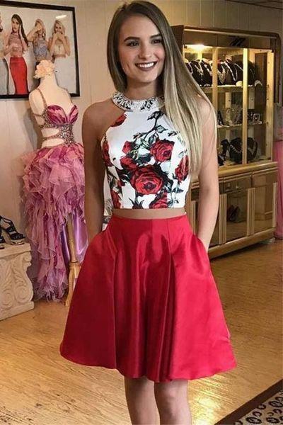 Two Piece Floral Red Short With Pocket Mylee Homecoming Dresses A Line Simple Knee Length Graduation Party Dress DH407