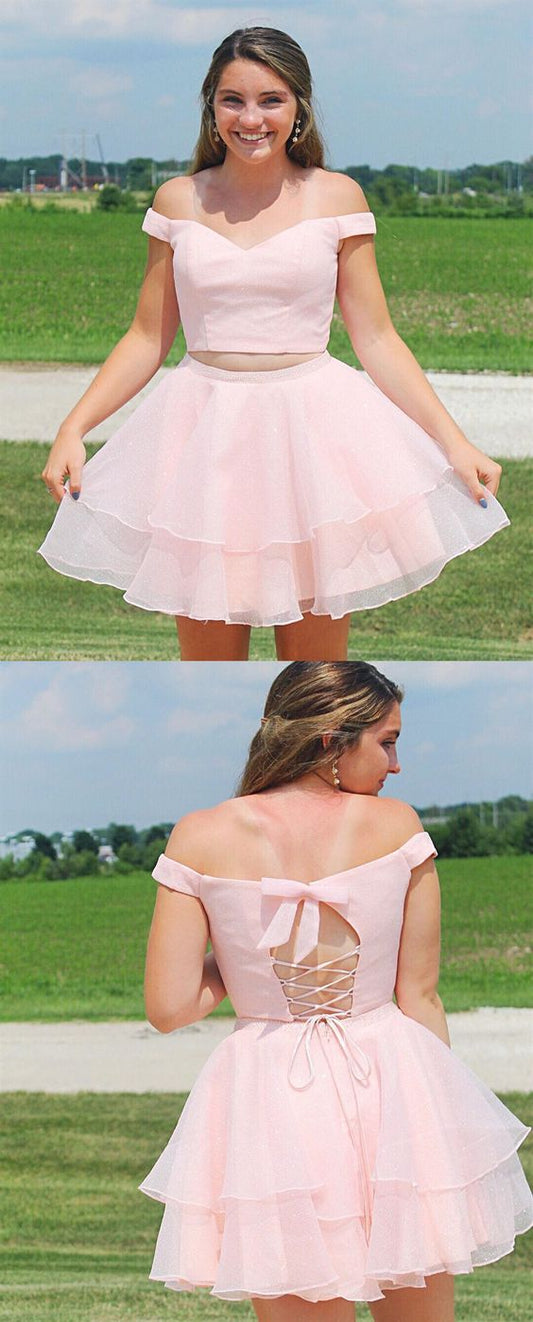 Pink A Line Kira Two Pieces Homecoming Dresses Off The Shoulder With Beading CD4081