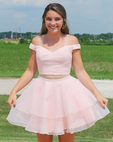 Pink A Line Kira Two Pieces Homecoming Dresses Off The Shoulder With Beading CD4081