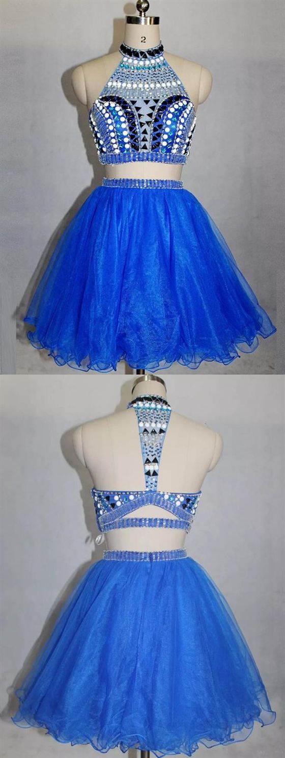 Blue High Cocktail Homecoming Dresses Two Pieces Mckenna Neck Beaded Short Dresses CD413