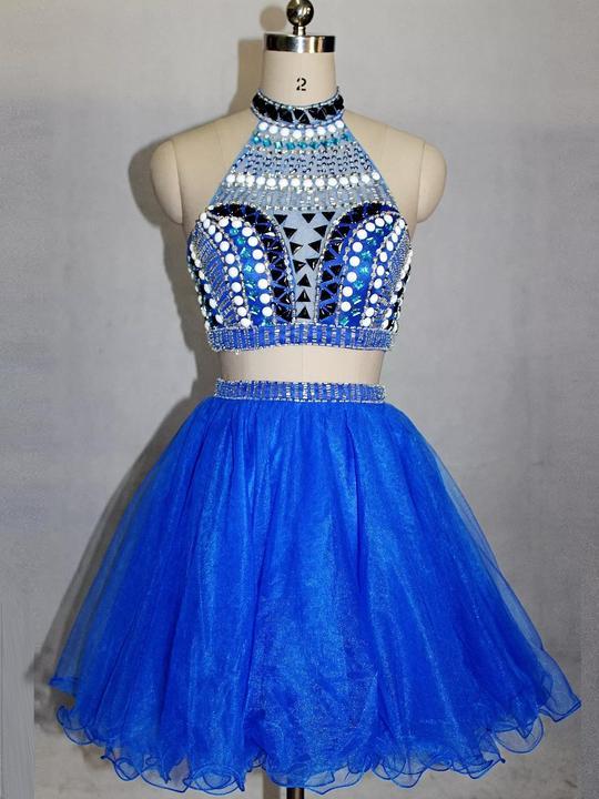 Blue High Cocktail Homecoming Dresses Two Pieces Mckenna Neck Beaded Short Dresses CD413