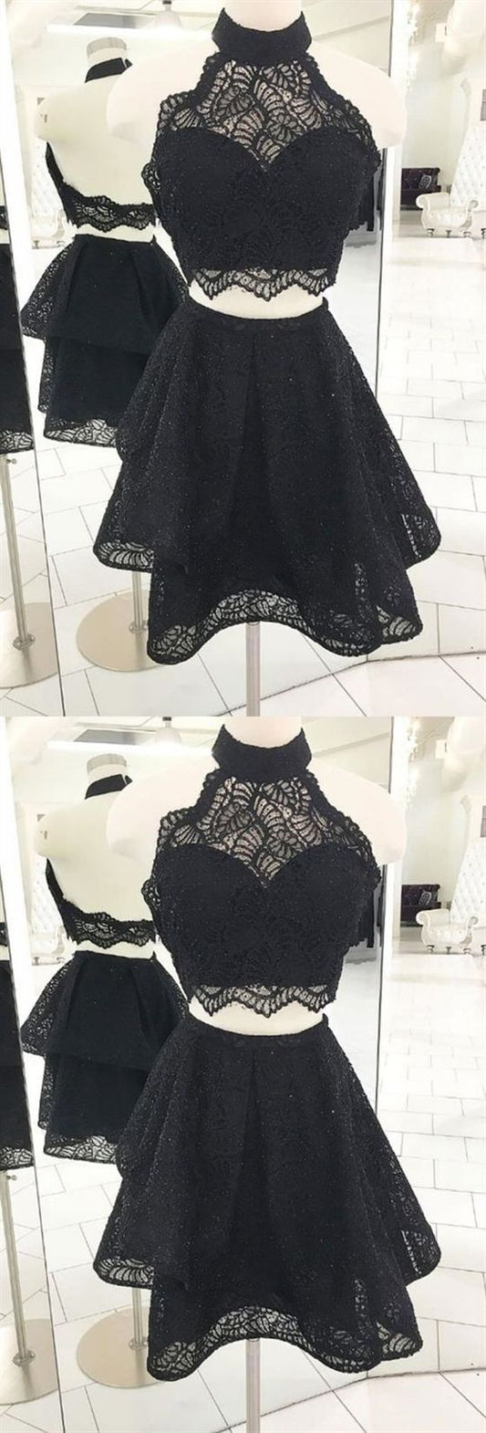 Black Cocktail Homecoming Dresses Two Pieces Lace Kimora Halter Short Dresses CD417