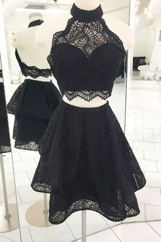 Black Cocktail Homecoming Dresses Two Pieces Lace Kimora Halter Short Dresses CD417