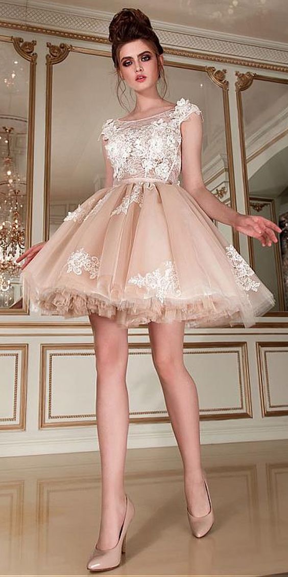 Romantic Tulle & Scoop Neckline Short With Appliques & 3D Hazel Lace Homecoming Dresses Flowers DH423