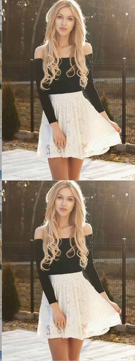 Two Piece Long Sleeves Makena Lace Ivory Homecoming Dresses Short CD429