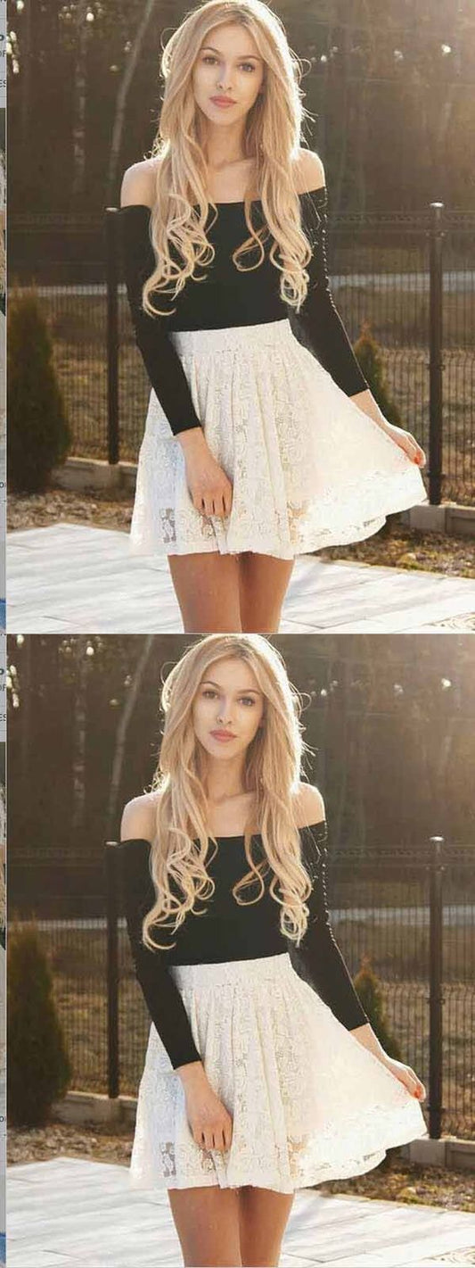 Two Piece Long Sleeves Makena Lace Ivory Homecoming Dresses Short CD429