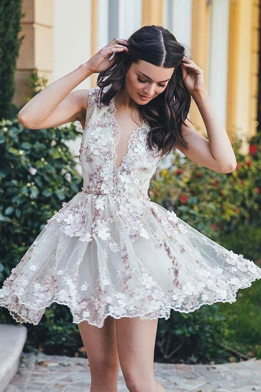 Deep V Neck Sleeveless Appliques Short/Min Dress Cadence Homecoming Dresses Lace CD42