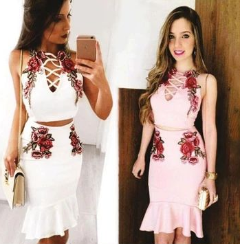 Hillary Homecoming Dresses Sexy Fashion Straps Floral Embroidery Two Piece CD4324