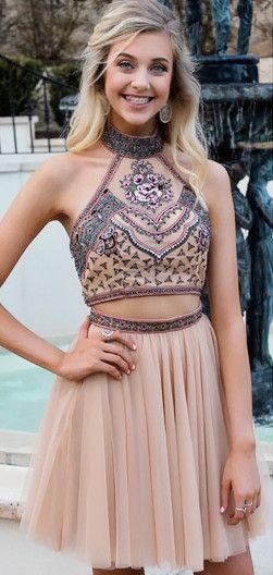 High Neck Homecoming Dresses Jamie Embroidery Two Piece Gold With Open Back CD4330