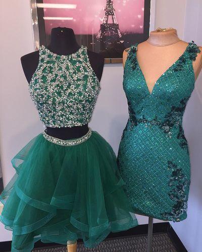 Elegant Short Beaded Tulle Party Evie Homecoming Dresses Gown Green Two Piece Dress CD4360