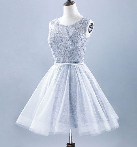 Gray Carlee Homecoming Dresses Lace Round Neck Tulle Short Dress Fashion Girl Dress CD4367