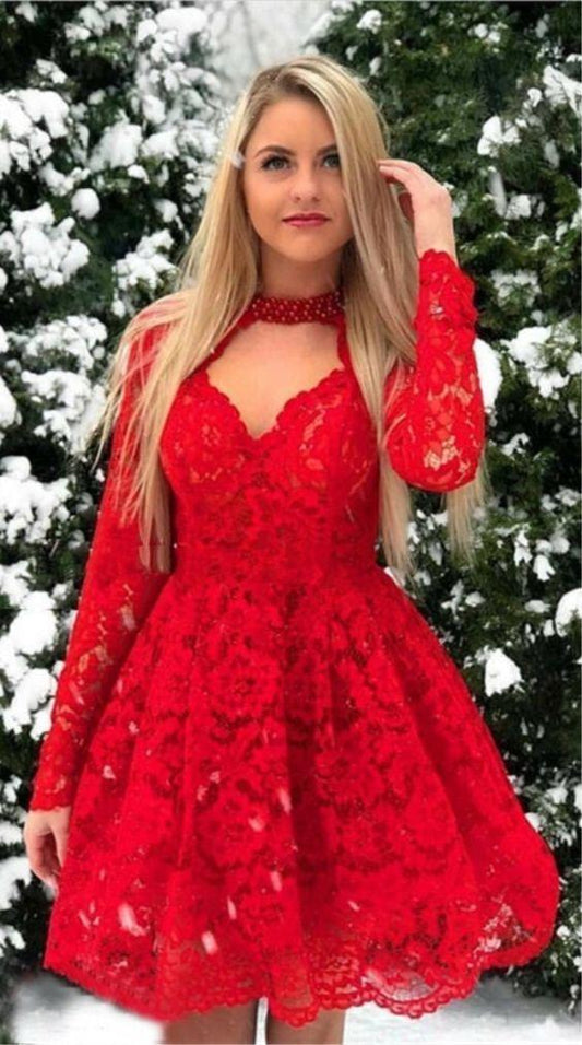 Vintage Red Short Long Sleeve Knee Length For Teens Long Lace Homecoming Dresses Annie Sleeve CD436