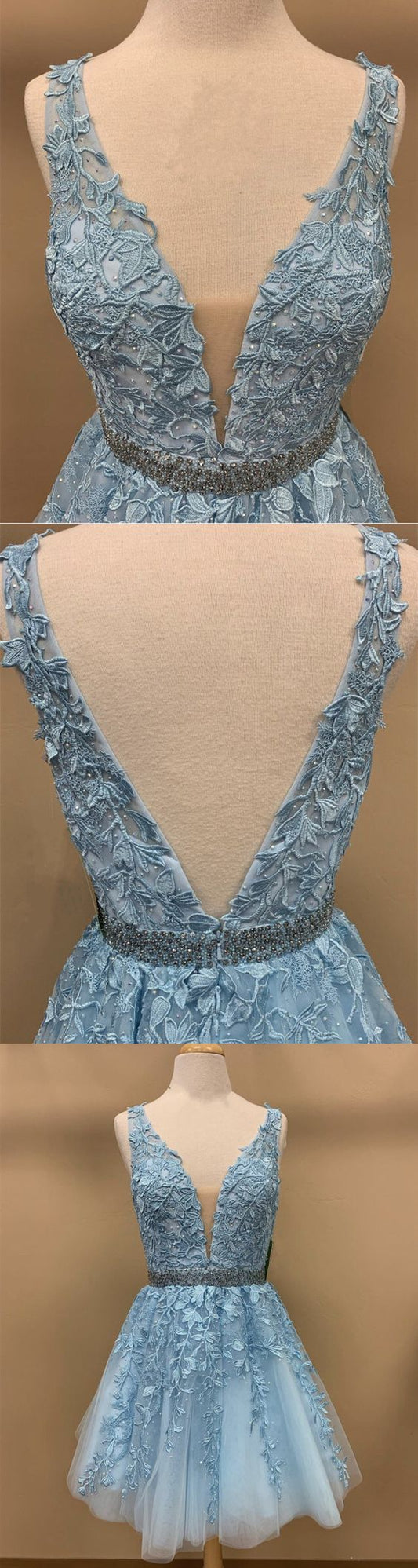 Baby Blue V Neck Tulle 2024 Cute Party Dress Moriah Homecoming Dresses Lace CD4428