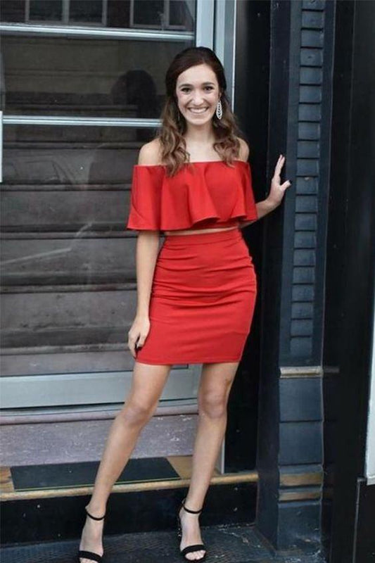 Two Piece Off-The-Shoulder Above-Knee Red With Ruffles Diya Homecoming Dresses CD4447