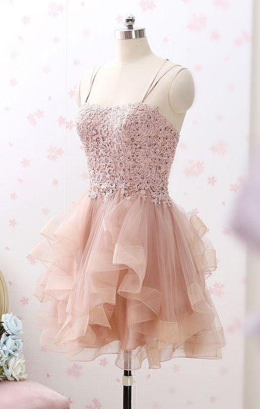 Spaghetti Straps Tulle Mini Vintage Party Formal Pam Homecoming Dresses Lace Gown CD4459