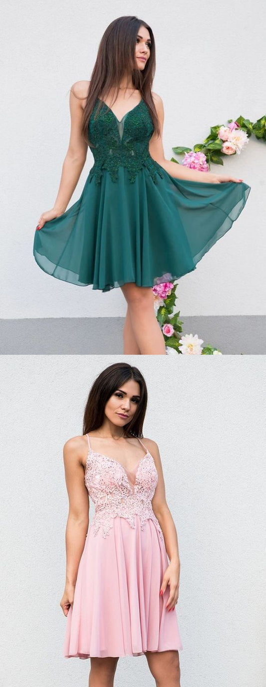 V Neck Short Pink Persis A Line Homecoming Dresses Lace V Neck Short Dresses DH4587 Green