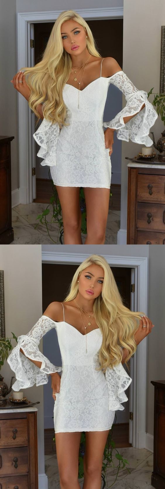 Sheath Off-The-Shoulder Bell Sleeves Short White Lace Homecoming Dresses Cocktail Mattie Dress CD4588