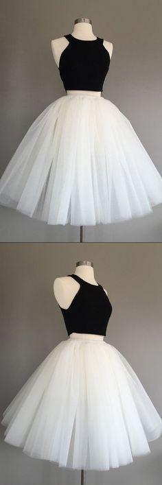 Tulle Halter Knee-Length Two Piece Lucile Homecoming Dresses Ivory Sleeveless CD4612