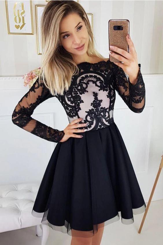 Charming Black Long Sleeves Cheap Short Party Lilah Lace Homecoming Dresses Dress CD4659