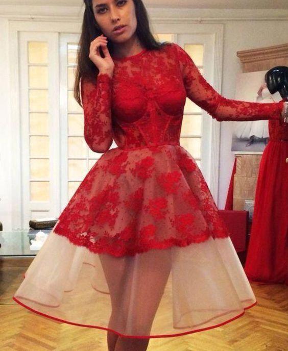 New Red Long Sleeves Dresses Frida Lace Homecoming Dresses Cocktail CD4733