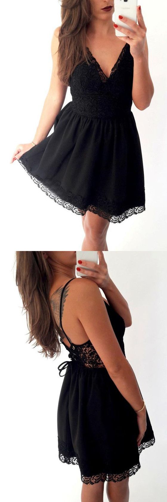 Charming Black Up Spaghetti Strap Short Party Dresses Homecoming Dresses Taniyah Lace Cheap DH4748