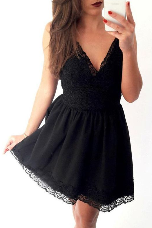 Charming Black Up Spaghetti Strap Short Party Dresses Homecoming Dresses Taniyah Lace Cheap DH4748