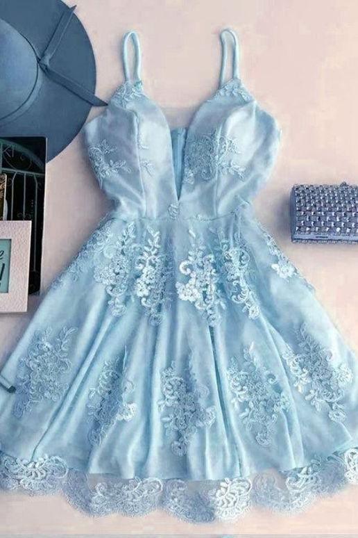 Light Blue Short V-Neck Dress Semi Formal Dresses Elegant Party Dress Priscilla Cocktail Homecoming Dresses CD475