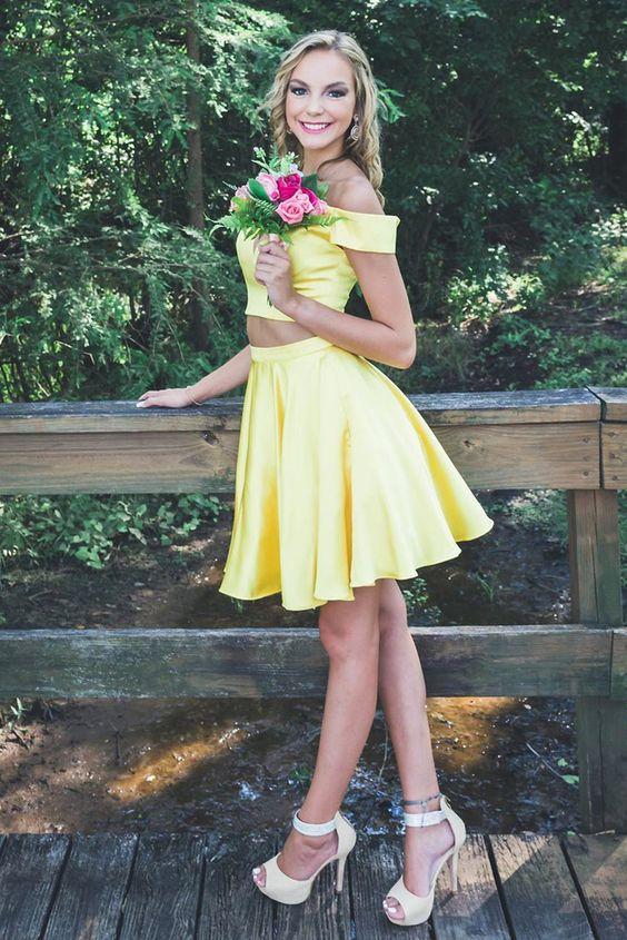 Off Homecoming Dresses Cheryl The Shoulder Two Piece Party Dress Yellow Short CD4795