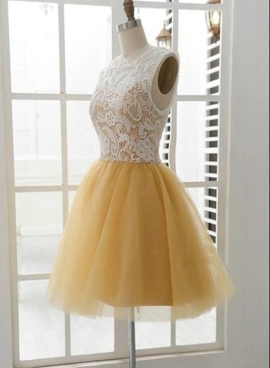 Beautiful Champagne And Lace Homecoming Dresses Gina Tulle Round Neckline Short Party Dress Lovely DH4817