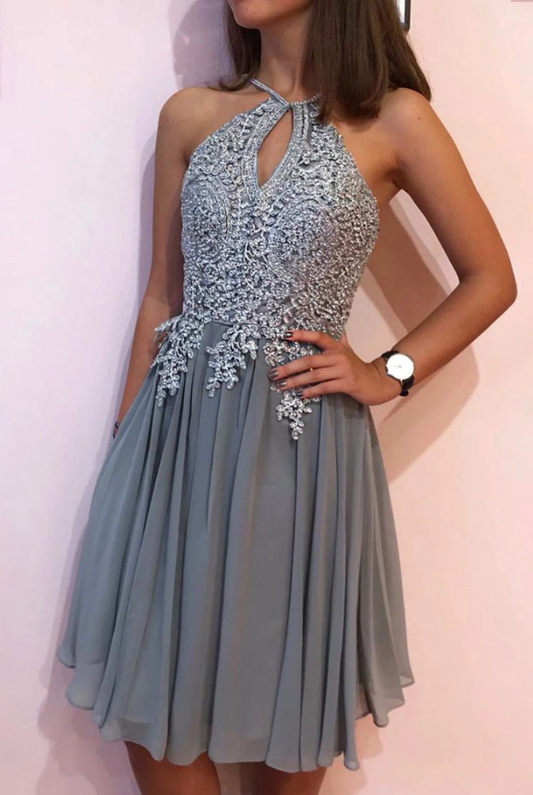 Gray Homecoming Dresses Chiffon Desirae Lace Short Party Dress Gray CD4978