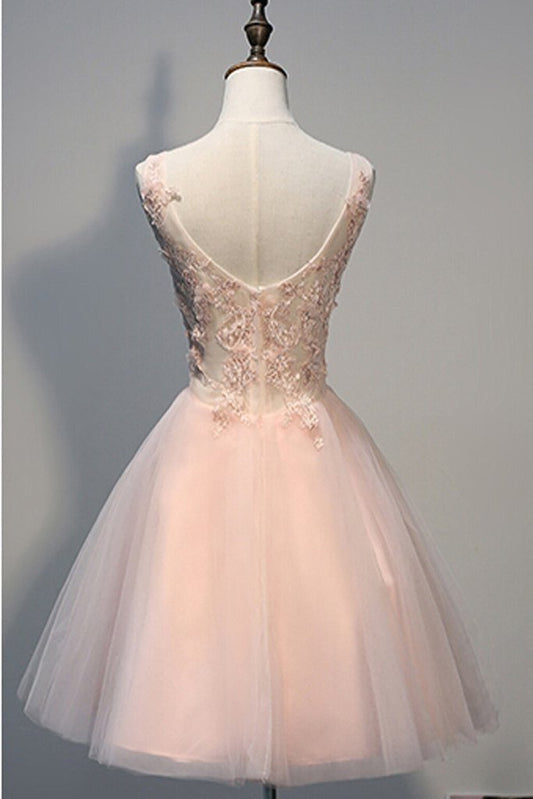 Blush Beaded Backless Lace Cocktail Homecoming Dresses Pink Amelia V-Neck Sweet 16 Dress DH51