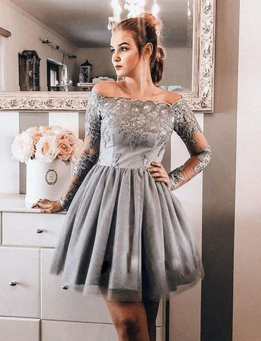 Off The Shoulder Short Cocktail Homecoming Dresses Elise Appliques Gray Party Dresses CD518