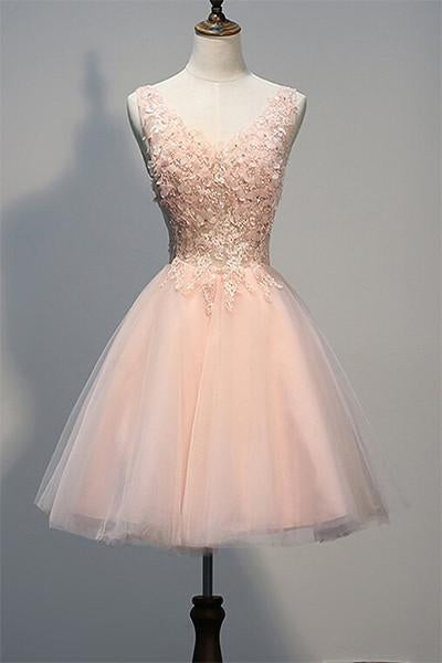 Blush Beaded Backless Lace Cocktail Homecoming Dresses Pink Amelia V-Neck Sweet 16 Dress DH51