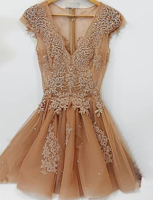 Champagne Tulle Homecoming Dresses Khloe Cocktail V Neck Short Party Dresses With Appliques Beading CD529