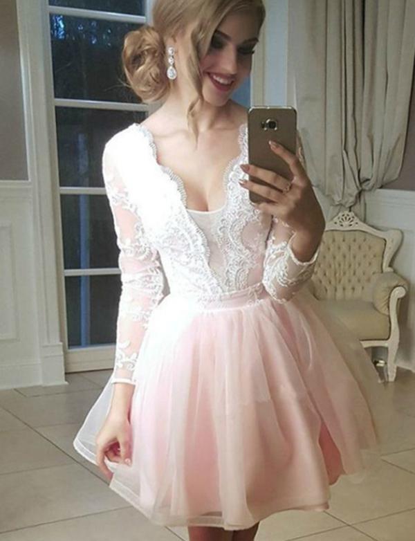 A-Line V-Neck Long Kaelyn Pink Homecoming Dresses Cocktail Sleeves Tulle Dress With Appliques DH536